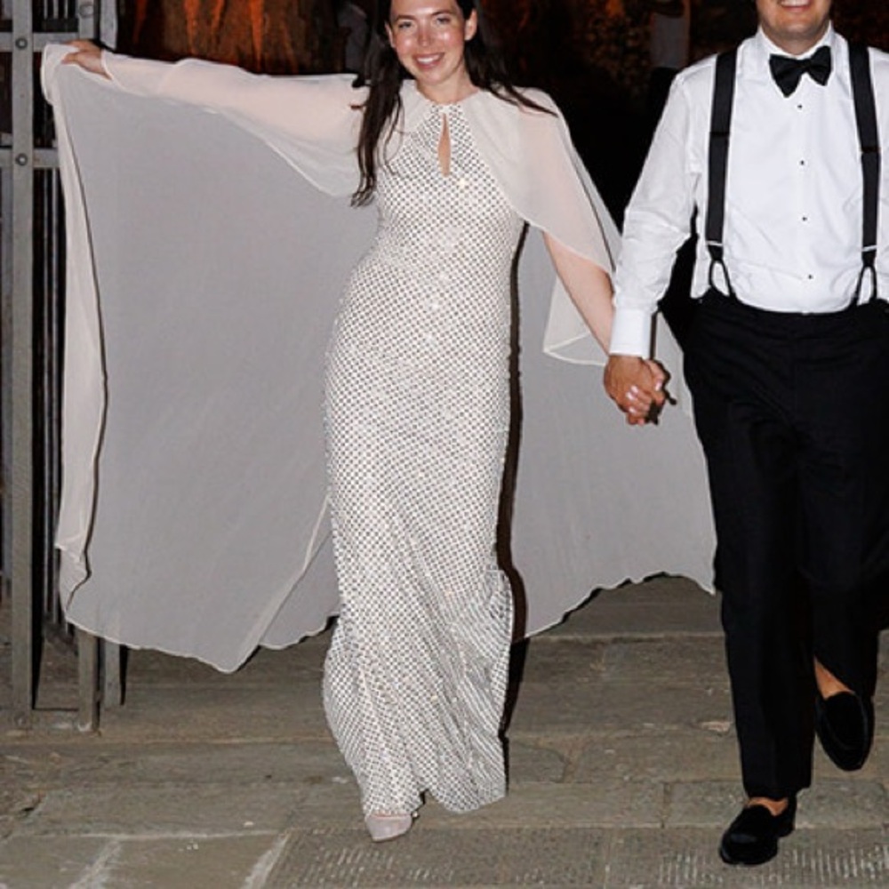 Self Portrait CREAM RHINESTONE CAPE MAXI DRESS